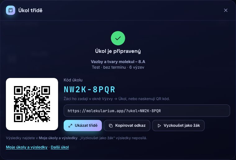 Okno Úkol třídě: vybrané výzvy, režim Test, odkaz a QR kód pro žáky